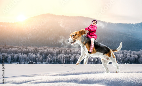 Fototapeta Naklejka Na Ścianę i Meble -  Super hero and her flying dog