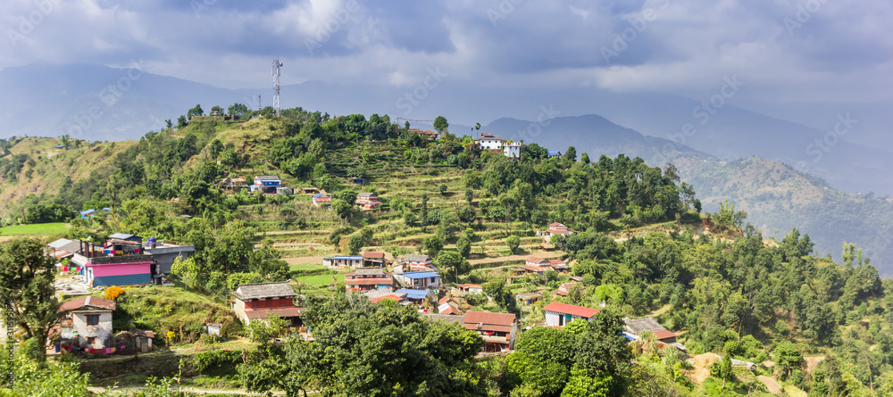 Panorama of a small mountain village near Pokhara, Nepal - obrazy, fototapety, plakaty 