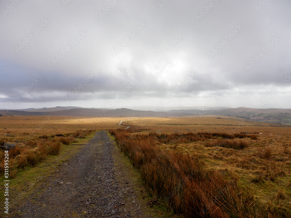 Wide angle view of a dirt road along the grassy plains of Dartmoor, with clouds glowing in the background. Devon, United Kingdom. Travel and nature.