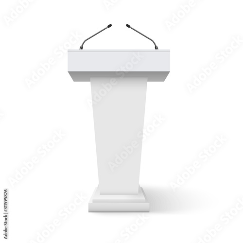 Tribune podium rostrum speech stand. Conference stage with microphone, press or debate speaker isolated orator pulpit