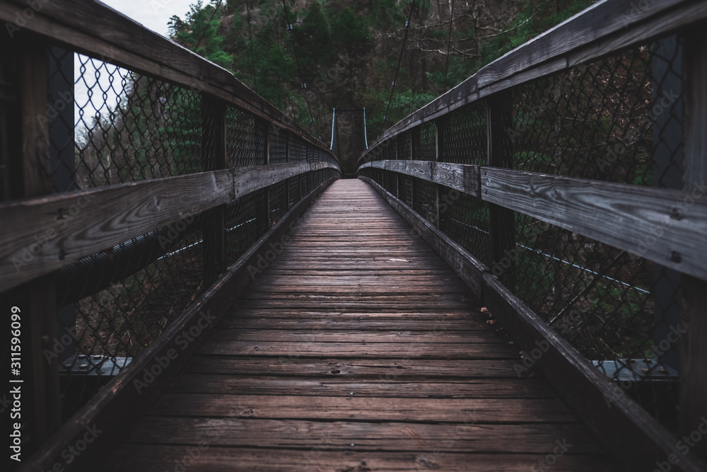 Moody empty bridge leading into a dark forest in Tallulah Falls Georgia