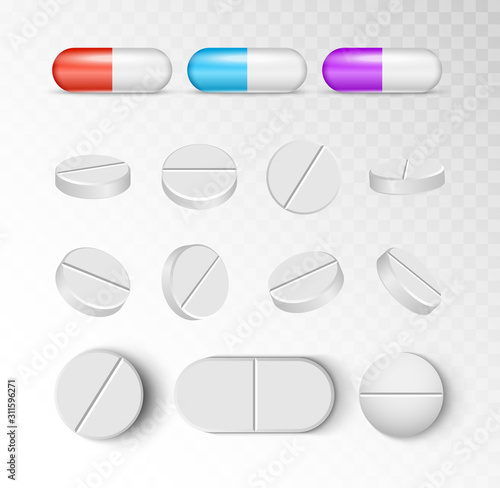 Pills medicine capsule vector icon isolated set. Pharmacy pill treatment painkiller or vitamin medicine