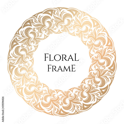 Golden round frame for design template. Luxury ornament in Damascus, celtic style. Premium floral illustration with lily. Ornate decor, border for invitation, card, logo design, label, badge, tag