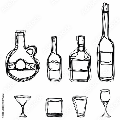 Bottles glass short glass highball Drinks wine beer whisky Hand drawn sketch logo sign Doodle abstract modern design style Fashion print clothes apparel greeting card banner menu cover poster flyer