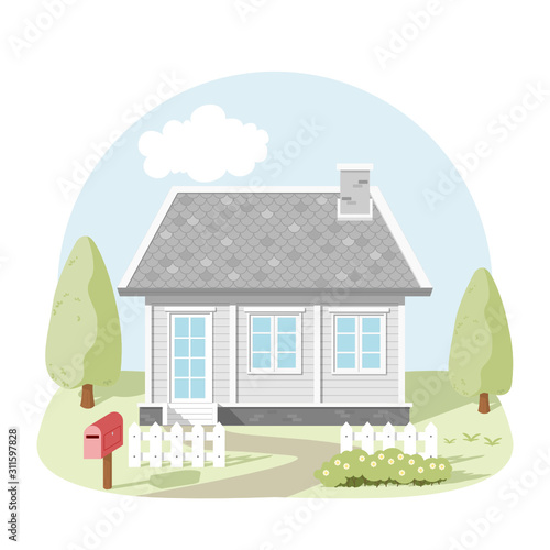 Vector of small House with white fence red mailbox and beautiful garden