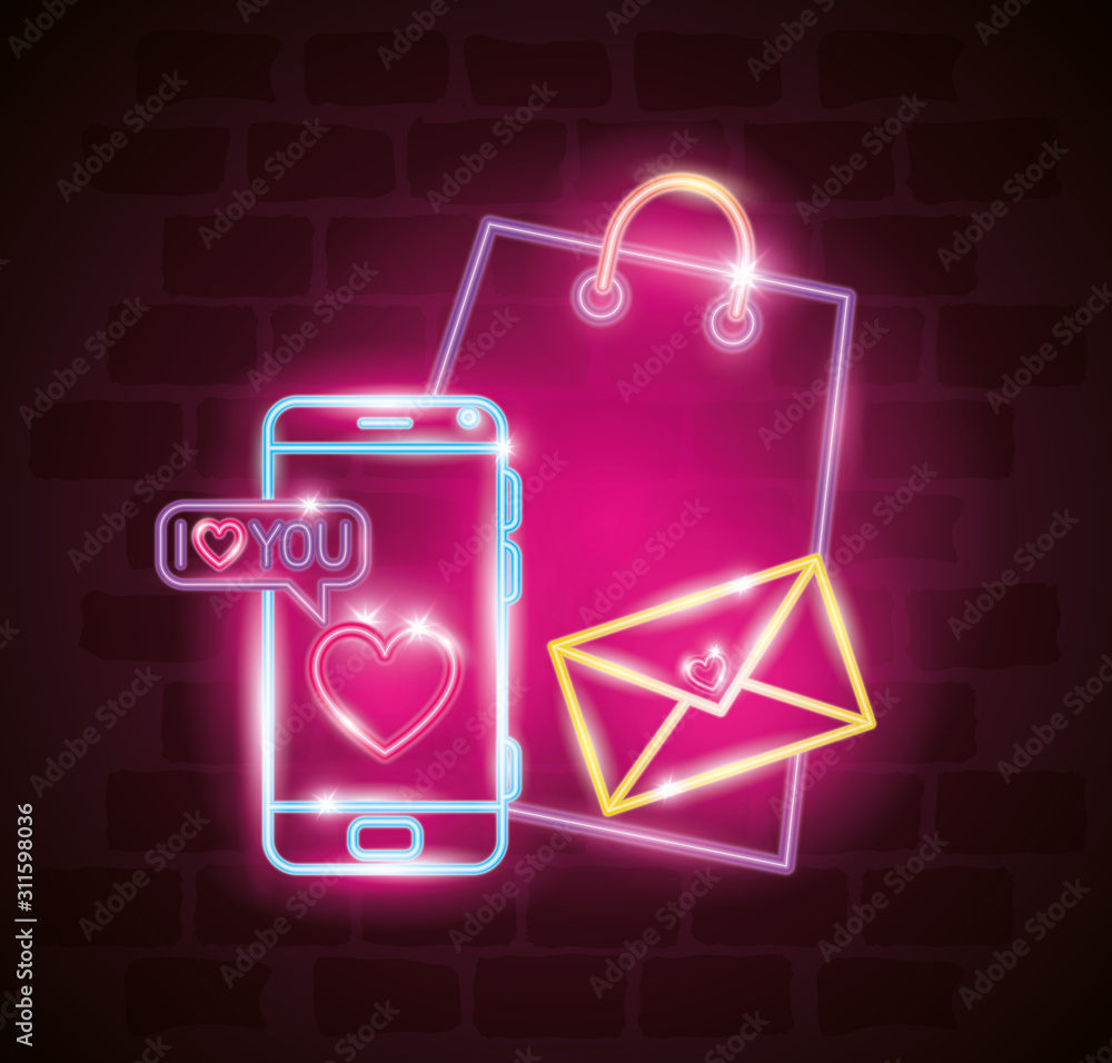 valentines day with smartphone and icons of neon lights vector illustration design valentines day with smartphone and icons of neon lights vector illustration design
