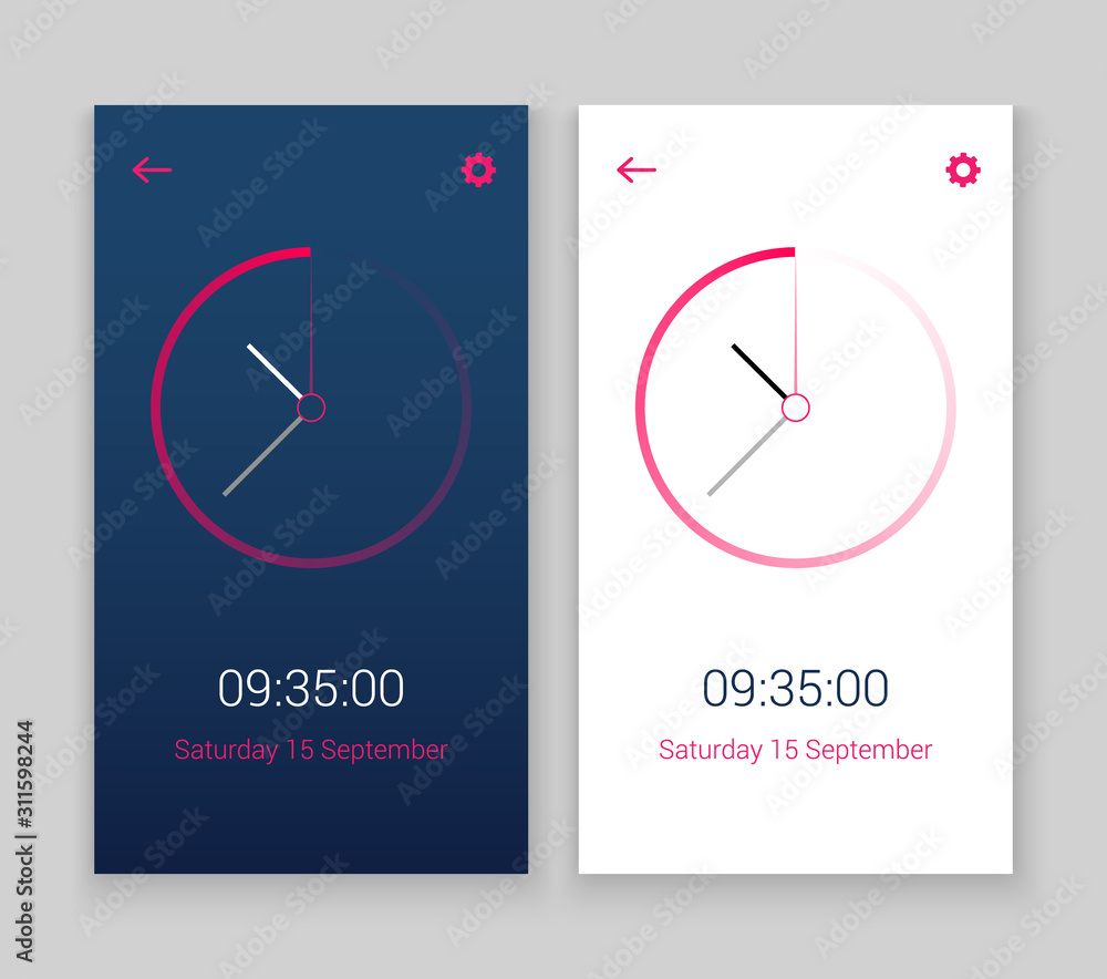 Clock mobile app concept UI design day and night. Clock user interface time vector widget design modern technology Clock mobile app concept UI design day and night. Clock user interface time vector widget design modern technology