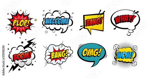set of expressions and explosions pop art style icon vector illustration design photo