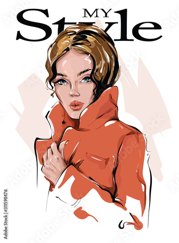 Hand drawn beautiful young woman in orange jacket. Stylish girl. Fashion woman look. Sketch. Vector illustration.