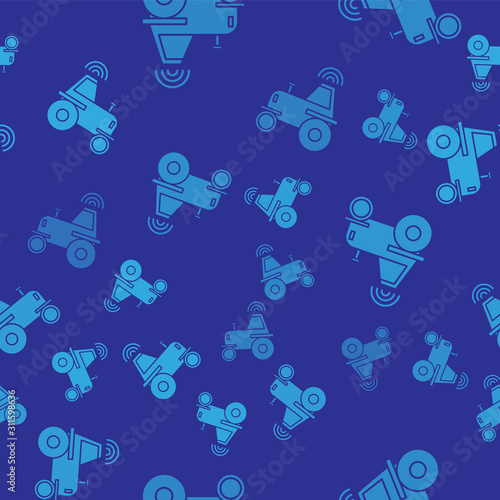 Blue Self driving wireless tractor on a smart farm icon isolated seamless pattern on blue background. Smart agriculture implement element. Vector Illustration