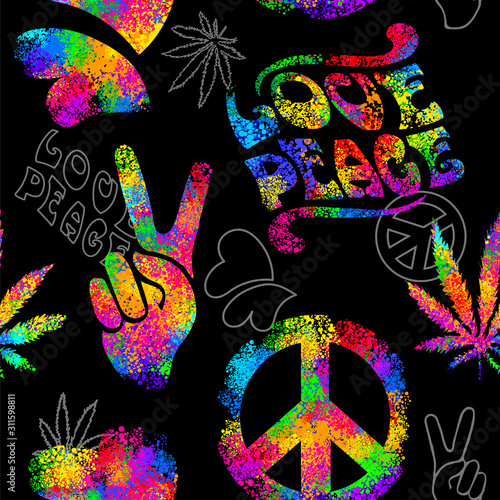 Seamless pattern from iridescent varicolored elements in Hippie style 1960s, 70s. Concept Peace and Love, a sign of Pacifism - two fingers up, cannabis, and hearts