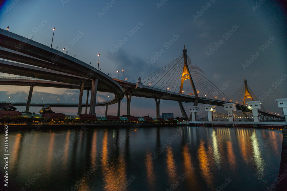 Reflection at waterway of Bhumibol Bridge in Bangkok, Thailand Reflection at waterway of Bhumibol Bridge in Bangkok, Thailand