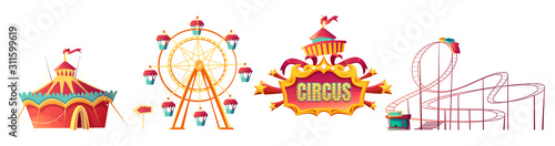 Amusement park, carnival or festive fair cartoon vector illustration. Rollercoaster, circus tent and ferris wheel, elements for children summer fun isolated on white background, announcement frame