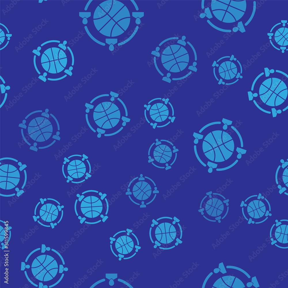 Blue Clock with basketball ball inside icon isolated seamless pattern on blue background. Basketball time. Sport and training. Vector Illustration - obrazy, fototapety, plakaty 