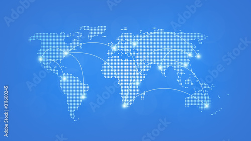 Dotted world map with curving lines or flight paths connecting highlighted cities. Blurred light blue background in 4k resolution. Concept photo of global communications  traveling and globalisation.