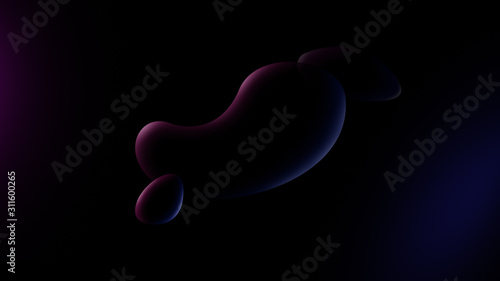Round and slightly transparent bubbles or fluid objects floating on black background. Purple and blue hues. Abstract and minimalistic image in 4k resolution.