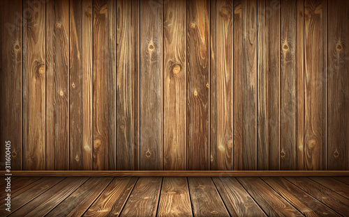 Wooden wall and floor with aged surface, realistic vector illustration. Vintage wall and floor made of darkened wood, realistic plank texture. Empty room interior background