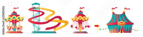 Amusement park, carnival or festive fair cartoon vector illustration. Circus tent arrow pointer, carousel, merry-go-round and waterslide, elements for children summer fun isolated on white background