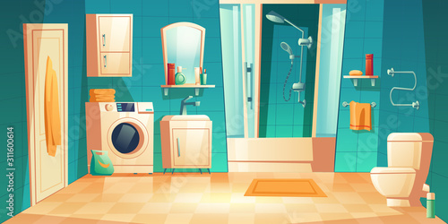 Modern bathroom interior with furniture cartoon vector illustrations. Shower cabin, washer, sink and toilet, racks and accessories shelf, heated towel rail, mirror on blue tile wall, home background