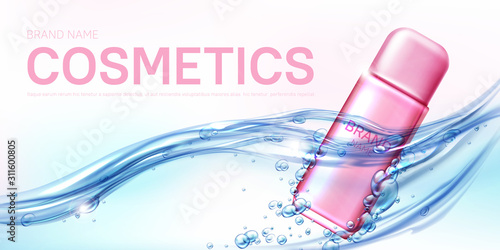Cosmetic moisturizing beauty product in water flow realistic vector poster. Pink elegant bottle for female deodorant, thermal lotion for sensitive skin care floating in sparkling water with bubbles