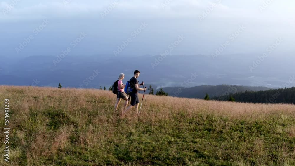 Male and female hikers with trekking poles point at the horizon and continue advancing along a mountain, Aerial orbit tracking drone shot Male and female hikers with trekking poles point at the horizon and continue advancing along a mountain, Aerial orbit tracking drone shot