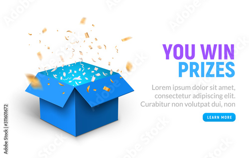 Vector prize gift box confetti explosion background. Open box winner reward
