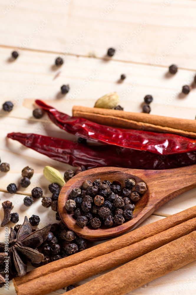 Spices and herbs. Food and cuisine ingredients. Cinnamon sticks, anise stars, black peppercorns, Chili, Cardamom and Cloves on a wooden background Spices and herbs. Food and cuisine ingredients. Cinnamon sticks, anise stars, black peppercorns, Chili, Cardamom and Cloves on a wooden background