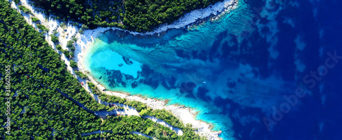 Fototapeta Naklejka Na Ścianę i Meble -  Aerial drone ultra wide photo of paradise turquoise bay with clear sea in exotic Caribbean island