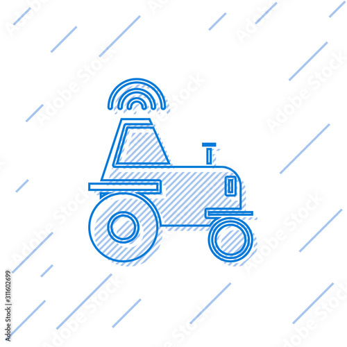 Blue line Self driving wireless tractor on a smart farm icon isolated on white background. Smart agriculture implement element. Vector Illustration