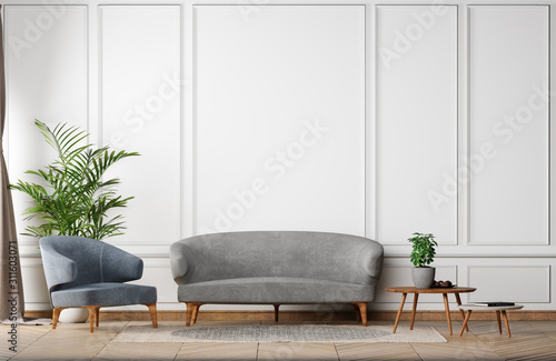 stay home mock up empty wall of Stylish new classic interior white gray background, with blue armchair in living room, Scandinavian style, 3D render, 3D illustration