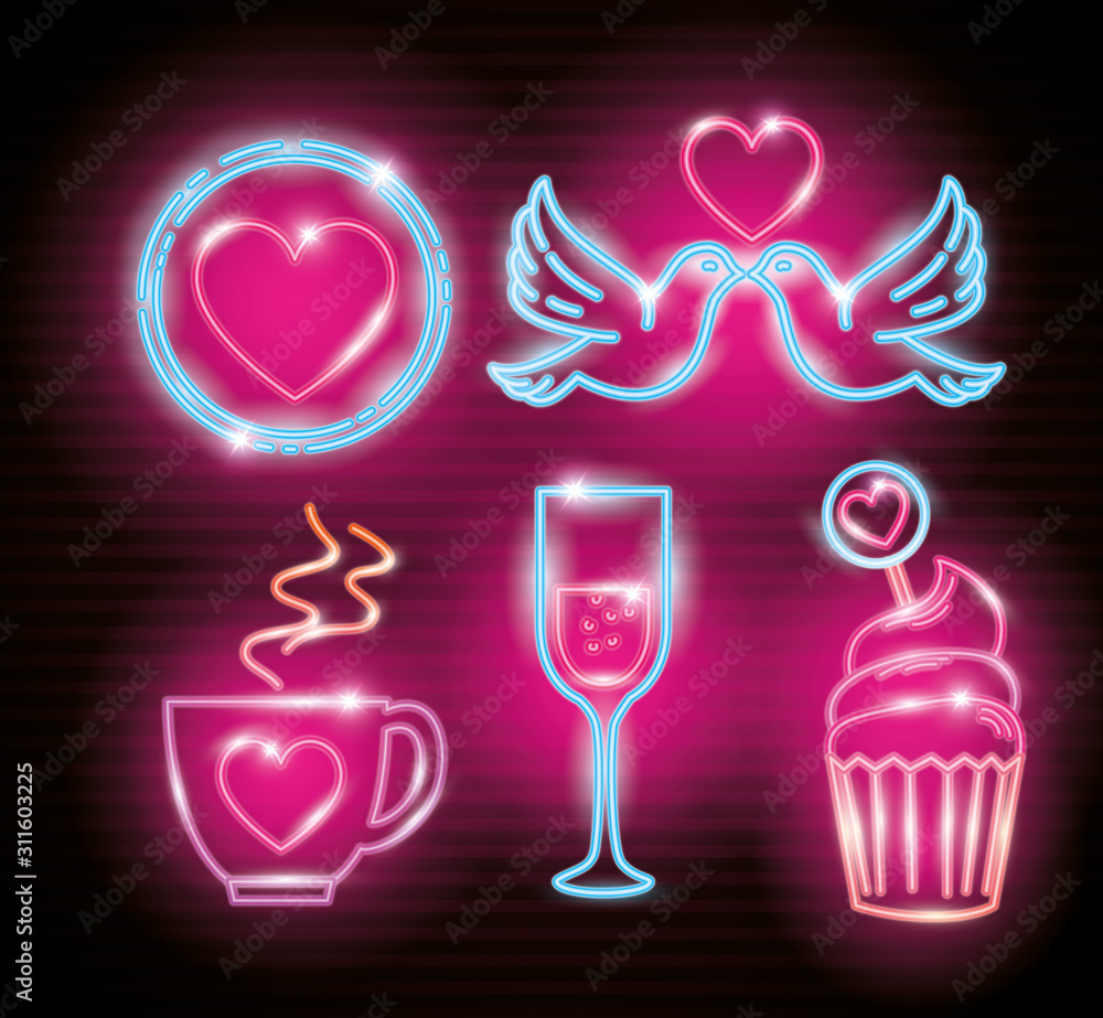 set icons of valentine day of neon light vector illustration design