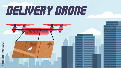 Vector illustration of delivery drone delivering a package