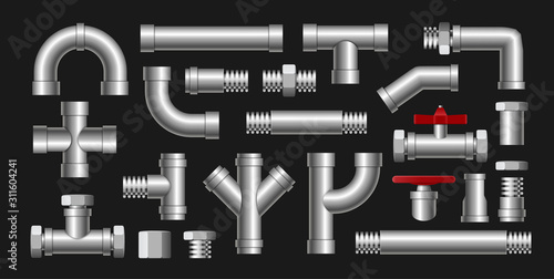Metal pipe water connection isolated pipeline. Water tube factory steel construction plumbing