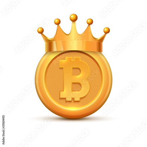 Bitcoin crown king logo. Gold bitcoin coin cartoon crypto currency
