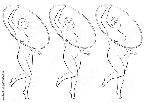 Collection. Silhouette of a cute lady, she is engaged in rhythmic gymnastics with a hoop. The woman is overweight and a slender girl athlete. Vector illustration set.
