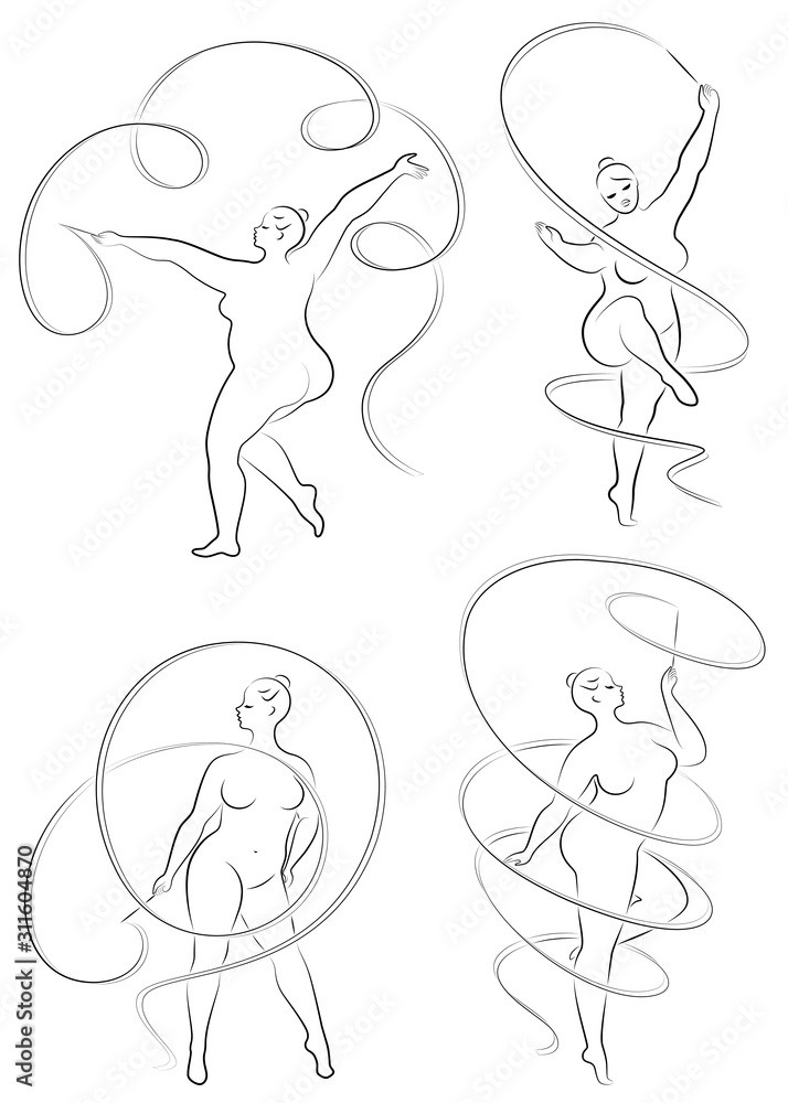 Collection. Gymnastics. Silhouette of a girl with a ribbon. The woman is overweight, a large body. The girl is full figured. Vector illustration set. Collection. Gymnastics. Silhouette of a girl with a ribbon. The woman is overweight, a large body. The girl is full figured. Vector illustration set.