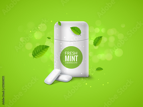 Vector chewing gum package box and green mint for fresh breath. Dental health chewing gum background