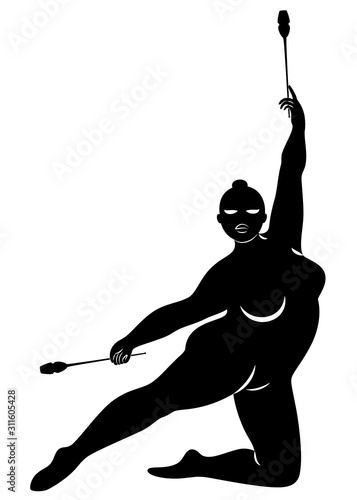 Gymnastics Silhouette of a girl with maces. The woman is overweight, a large body. The girl is full figured. Vector illustration.