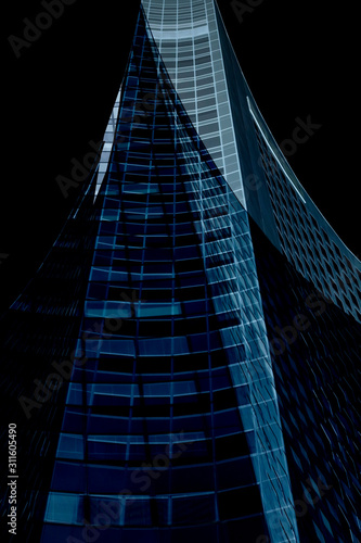 Digital illustration of office tower buildings in darkness. Contemporary business city. Abstract modern architecture background. Multistory real estate. Cityscape with skyscrapers in downtown at night