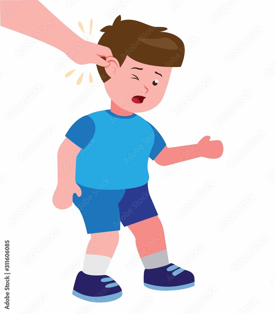 Parent pull ear, young boy illustration naughty child and parent hand cartoon vector Parent pull ear, young boy illustration naughty child and parent hand cartoon vector