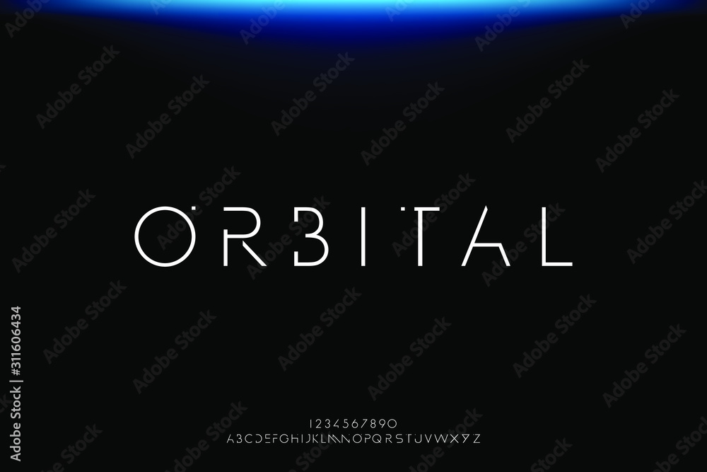 Plakat Orbitalny. Streszczenie technologia futurystyczna czcionka alfabetu. projekt ilustracji wektorowych typografii cyfrowej przestrzeni