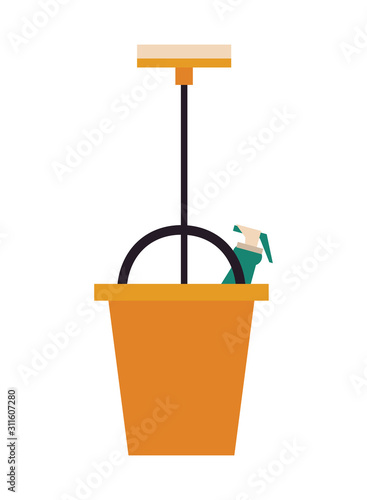 housekepping bucket tool with splash bottle and broom