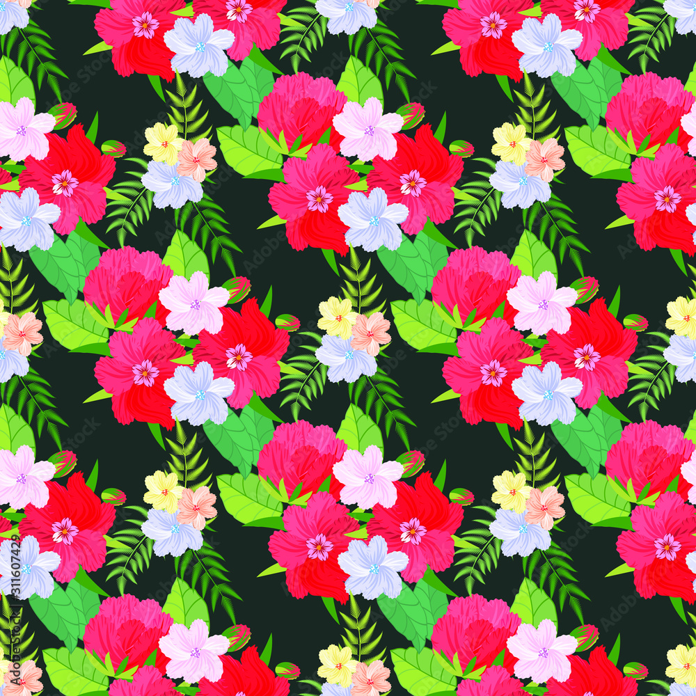 Creative design. Seamless texture. Multicolor pattern of flowers and leaves. For fabric or wallpaper. Fashion industry. Creative design. Seamless texture. Multicolor pattern of flowers and leaves. For fabric or wallpaper. Fashion industry.