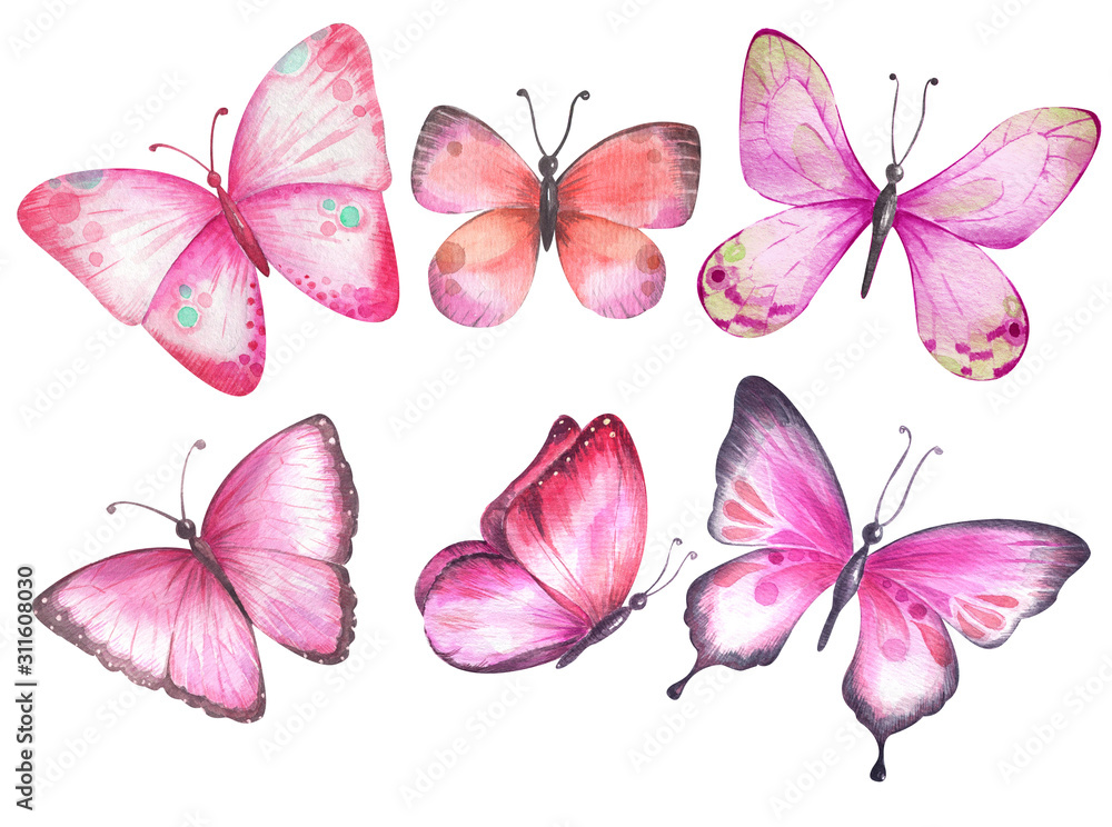  Set of watercolor pink butterflies.