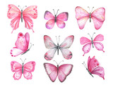  Set of watercolor pink butterflies.