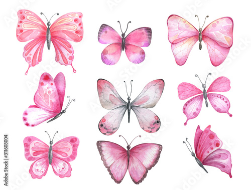  Set of watercolor pink butterflies. © Vilena