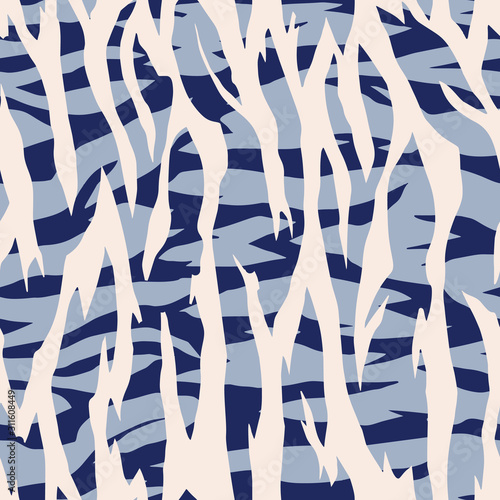 Artistic striped seamless pattern. Flat silhouette of animal skin tiger zebra fur print. Torn borders. Background with wavy abstract stripes. Fashion design for textile, fabric, wrapping, surface.