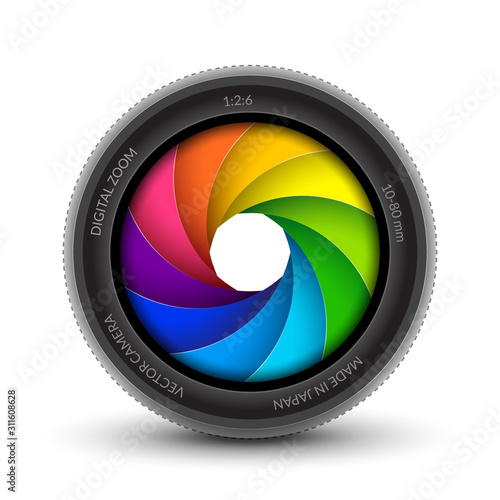 Camera shutter photography icon aperture. Focus vector colorful lens zoom digital design