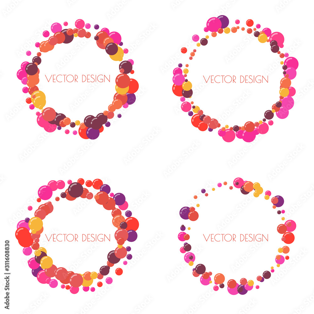 Set of multicolored round banner, frame of circles. Randomly scattered colored bubbles. Childish vibrant round dots on white background for decoration. Vector illustration.