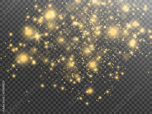 Gold sparks glitter special light effect. Vector sparkles on transparent background. Christmas abstract pattern. Sparkling magic dust particles
